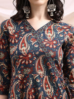 Thumbnail for Paisley Printed Angarkha Style Anarkali Kurta With Pant & Dupatta, Navy Blue - Hiral Fashion - Distacart