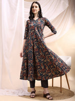 Thumbnail for Paisley Printed Angarkha Style Anarkali Kurta With Pant & Dupatta, Navy Blue - Hiral Fashion - Distacart
