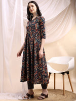 Thumbnail for Paisley Printed Angarkha Style Anarkali Kurta With Pant & Dupatta, Navy Blue - Hiral Fashion - Distacart