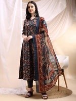 Thumbnail for Paisley Printed Angarkha Style Anarkali Kurta With Pant & Dupatta, Navy Blue - Hiral Fashion - Distacart