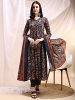 Thumbnail for Paisley Printed Angarkha Style Anarkali Kurta With Pant & Dupatta, Navy Blue - Hiral Fashion - Distacart