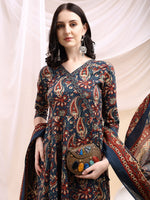 Thumbnail for Paisley Printed Angarkha Style Anarkali Kurta With Pant & Dupatta, Navy Blue - Hiral Fashion - Distacart