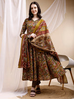 Thumbnail for Paisley Printed Angarkha Style Anarkali Kurta With Pant & Dupatta, Olive - Hiral Fashion - Distacart
