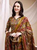 Thumbnail for Paisley Printed Angarkha Style Anarkali Kurta With Pant & Dupatta, Olive - Hiral Fashion - Distacart