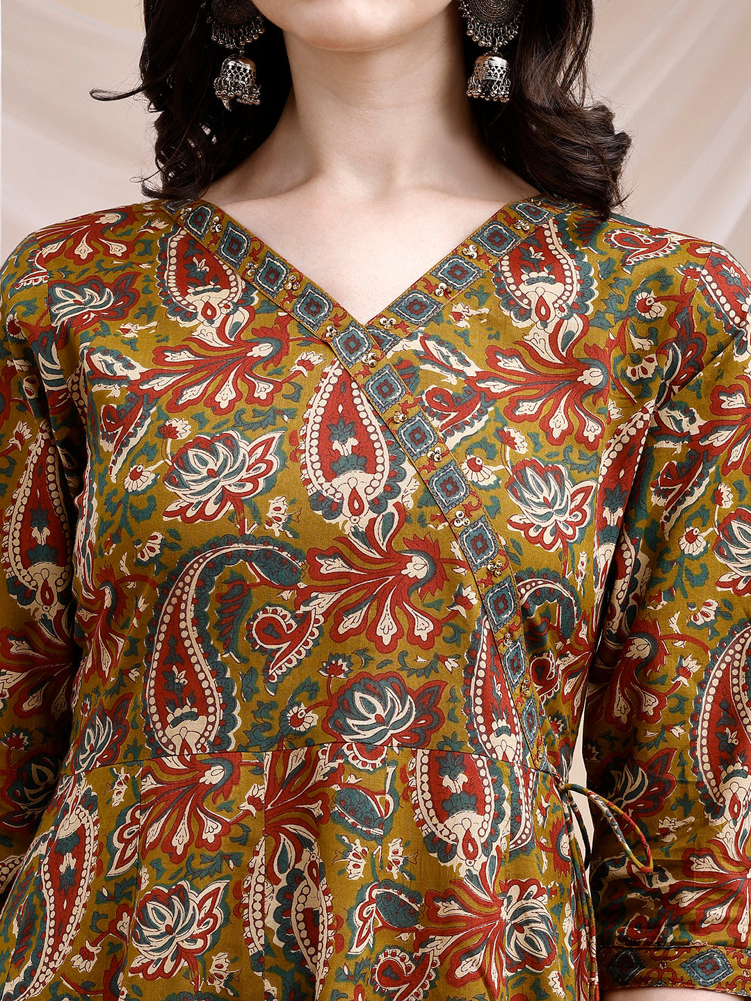 Paisley Printed Angarkha Style Anarkali Kurta With Pant & Dupatta, Olive - Hiral Fashion - Distacart