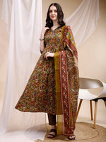 Thumbnail for Paisley Printed Angarkha Style Anarkali Kurta With Pant & Dupatta, Olive - Hiral Fashion - Distacart