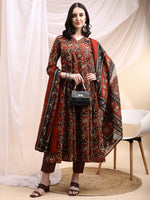 Thumbnail for Paisley Printed Angarkha Style Anarkali Kurta With Pant & Dupatta, Rust - Hiral Fashion - Distacart
