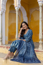 Thumbnail for Ethnic Printed Anarkali Kurta With Matching Pant & A Flowy Dupatta, Blue - Hiral Fashion - Distacart