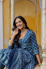 Thumbnail for Ethnic Printed Anarkali Kurta With Matching Pant & A Flowy Dupatta, Blue - Hiral Fashion - Distacart