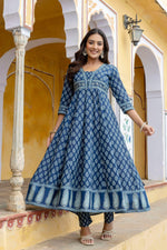 Thumbnail for Ethnic Printed Anarkali Kurta With Matching Pant & A Flowy Dupatta, Blue - Hiral Fashion - Distacart
