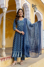 Thumbnail for Ethnic Printed Anarkali Kurta With Matching Pant & A Flowy Dupatta, Blue - Hiral Fashion - Distacart