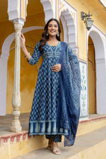 Thumbnail for Ethnic Printed Anarkali Kurta With Matching Pant & A Flowy Dupatta, Blue - Hiral Fashion - Distacart