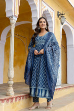 Thumbnail for Ethnic Printed Anarkali Kurta With Matching Pant & A Flowy Dupatta, Blue - Hiral Fashion - Distacart