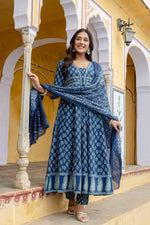 Thumbnail for Ethnic Printed Anarkali Kurta With Matching Pant & A Flowy Dupatta, Blue - Hiral Fashion - Distacart