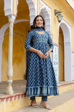 Thumbnail for Ethnic Printed Anarkali Kurta With Matching Pant & A Flowy Dupatta, Blue - Hiral Fashion - Distacart
