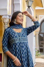 Thumbnail for Ethnic Printed Anarkali Kurta With Matching Pant & A Flowy Dupatta, Blue - Hiral Fashion - Distacart