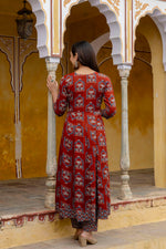 Thumbnail for Ajrakh-Inspired Ethnic Handblock Printed Angarkha Style Kurta With Pant & Printed Dupatta, Rust - Hiral Fashion - Distacart