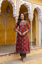 Thumbnail for Ajrakh-Inspired Ethnic Handblock Printed Angarkha Style Kurta With Pant & Printed Dupatta, Rust - Hiral Fashion - Distacart