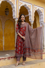 Thumbnail for Ajrakh-Inspired Ethnic Handblock Printed Angarkha Style Kurta With Pant & Printed Dupatta, Rust - Hiral Fashion - Distacart