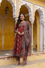 Thumbnail for Ajrakh-Inspired Ethnic Handblock Printed Angarkha Style Kurta With Pant & Printed Dupatta, Rust - Hiral Fashion - Distacart