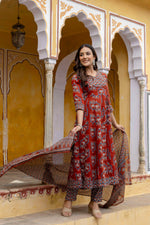 Thumbnail for Ajrakh-Inspired Ethnic Handblock Printed Angarkha Style Kurta With Pant & Printed Dupatta, Rust - Hiral Fashion - Distacart