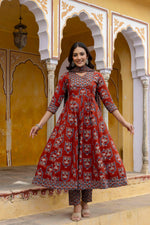 Thumbnail for Ajrakh-Inspired Ethnic Handblock Printed Angarkha Style Kurta With Pant & Printed Dupatta, Rust - Hiral Fashion - Distacart