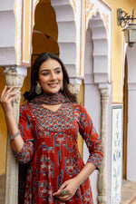 Thumbnail for Ajrakh-Inspired Ethnic Handblock Printed Angarkha Style Kurta With Pant & Printed Dupatta, Rust - Hiral Fashion - Distacart