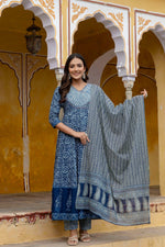 Thumbnail for Embroidered Anarkali Kurta With Pant & Printed Dupatta, Blue - Hiral Fashion - Distacart