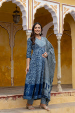 Thumbnail for Embroidered Anarkali Kurta With Pant & Printed Dupatta, Blue - Hiral Fashion - Distacart