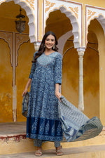 Thumbnail for Embroidered Anarkali Kurta With Pant & Printed Dupatta, Blue - Hiral Fashion - Distacart