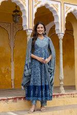 Thumbnail for Embroidered Anarkali Kurta With Pant & Printed Dupatta, Blue - Hiral Fashion - Distacart