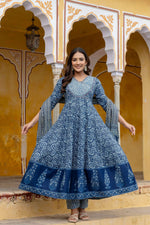 Thumbnail for Embroidered Anarkali Kurta With Pant & Printed Dupatta, Blue - Hiral Fashion - Distacart