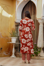 Thumbnail for Floral Printed Kurta With Pant & Stripe Printed Dupatta, Rust - Hiral Fashion - Distacart