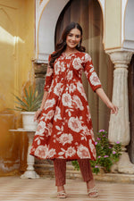 Thumbnail for Floral Printed Kurta With Pant & Stripe Printed Dupatta, Rust - Hiral Fashion - Distacart