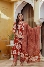 Thumbnail for Floral Printed Kurta With Pant & Stripe Printed Dupatta, Rust - Hiral Fashion - Distacart