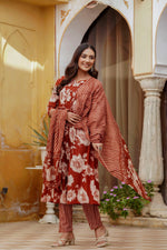 Thumbnail for Floral Printed Kurta With Pant & Stripe Printed Dupatta, Rust - Hiral Fashion - Distacart