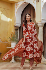 Thumbnail for Floral Printed Kurta With Pant & Stripe Printed Dupatta, Rust - Hiral Fashion - Distacart