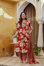 Thumbnail for Floral Printed Kurta With Pant & Stripe Printed Dupatta, Rust - Hiral Fashion - Distacart