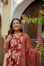 Thumbnail for Floral Printed Kurta With Pant & Stripe Printed Dupatta, Rust - Hiral Fashion - Distacart