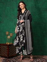 Thumbnail for Embroidered & Printed Flared Kurta With Pant & Dupatta, Black - Hiral Fashion - Distacart