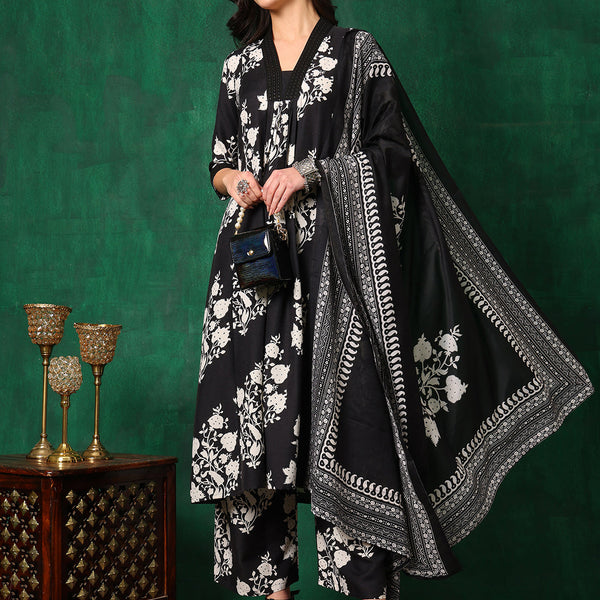 Embroidered & Printed Flared Kurta With Pant & Dupatta, Black - Hiral Fashion - Distacart