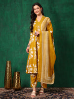 Thumbnail for Embroidered & Printed Flared Kurta With Pant & Dupatta, Mustard - Hiral Fashion - Distacart