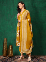 Thumbnail for Embroidered & Printed Flared Kurta With Pant & Dupatta, Mustard - Hiral Fashion - Distacart