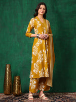 Thumbnail for Embroidered & Printed Flared Kurta With Pant & Dupatta, Mustard - Hiral Fashion - Distacart