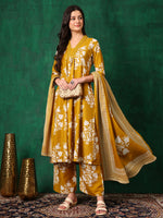 Thumbnail for Embroidered & Printed Flared Kurta With Pant & Dupatta, Mustard - Hiral Fashion - Distacart