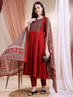 Thumbnail for Embroidered & Ethnic Printed Anarkali Kurta With Pant & Printed Dupatta, Maroon - Hiral Fashion - Distacart