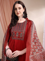 Thumbnail for Embroidered & Ethnic Printed Anarkali Kurta With Pant & Printed Dupatta, Maroon - Hiral Fashion - Distacart