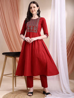 Thumbnail for Embroidered & Ethnic Printed Anarkali Kurta With Pant & Printed Dupatta, Maroon - Hiral Fashion - Distacart