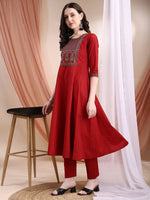 Thumbnail for Embroidered & Ethnic Printed Anarkali Kurta With Pant & Printed Dupatta, Maroon - Hiral Fashion - Distacart