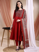 Thumbnail for Embroidered & Ethnic Printed Anarkali Kurta With Pant & Printed Dupatta, Maroon - Hiral Fashion - Distacart
